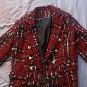 Women's Red Plaid Double-Breasted Jacket